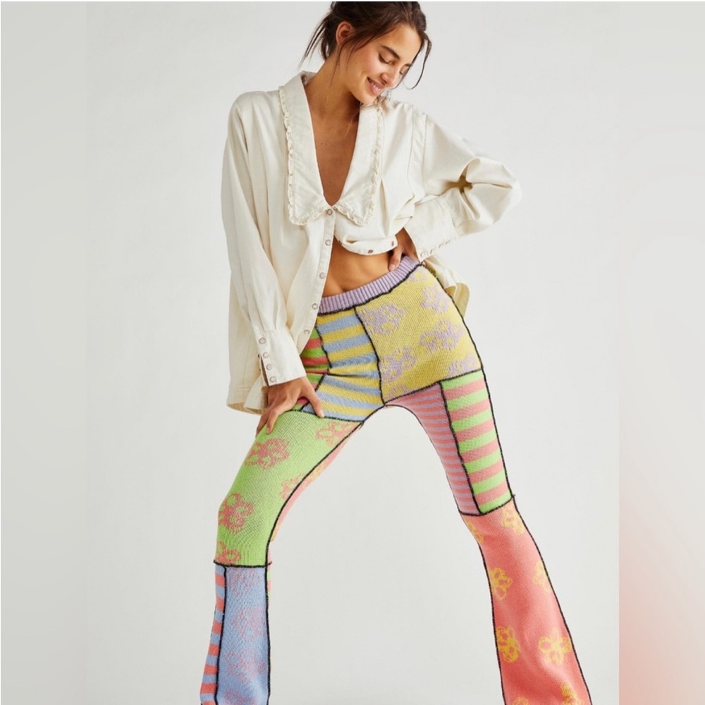 Free People x The Ragged Priest Mix Print Knit 90s Flare Pants  NWOT